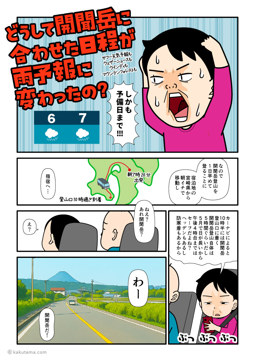 日本百名山、開聞岳日帰り登山の説明漫画とイラスト