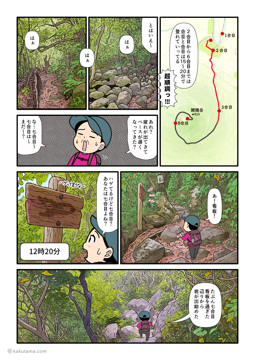 日本百名山開聞岳の7合目に着いた登山者の漫画