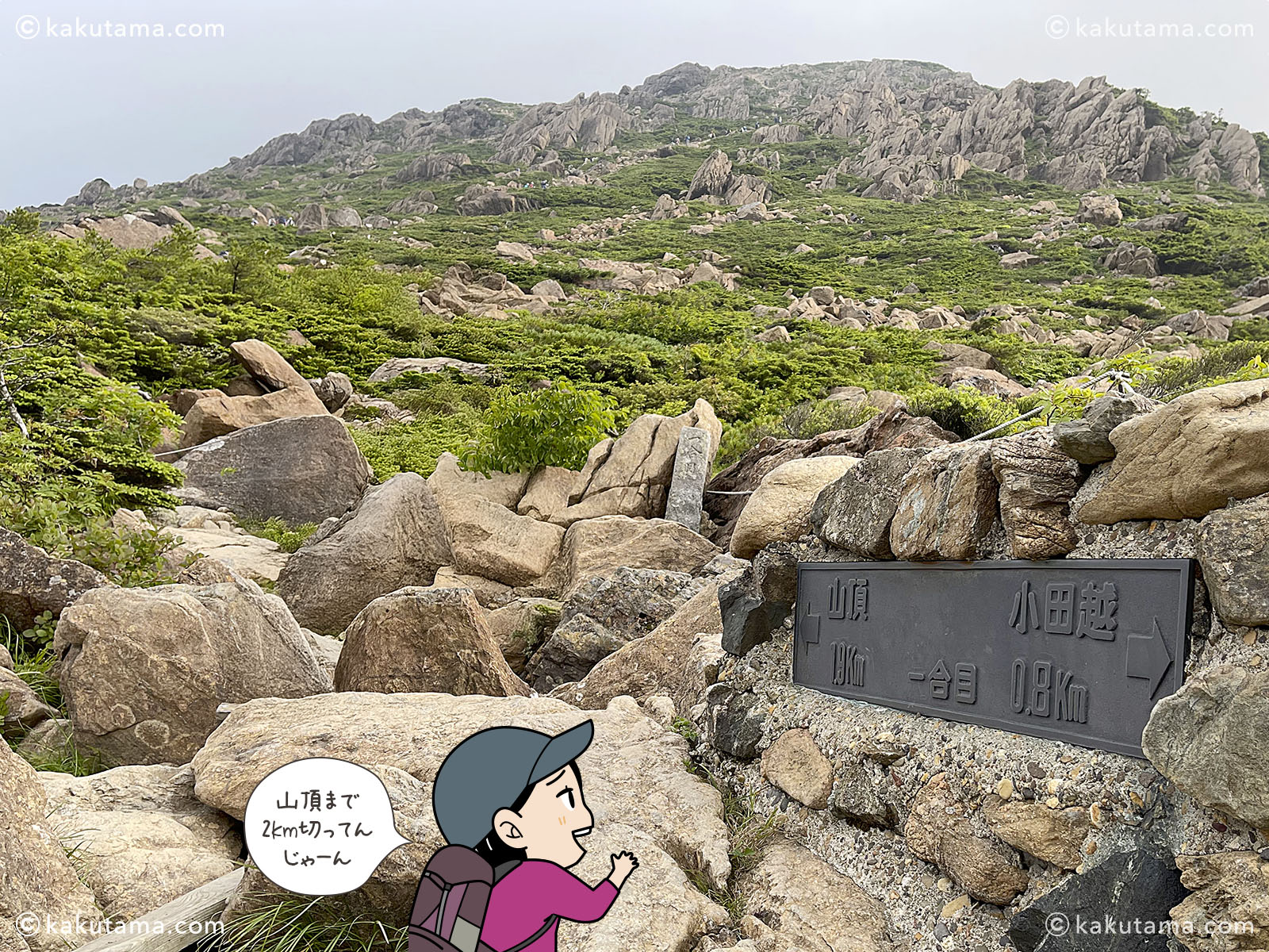 日本百名山早池峰山の小田越登山口の一合目の写真と登山者のイラスト