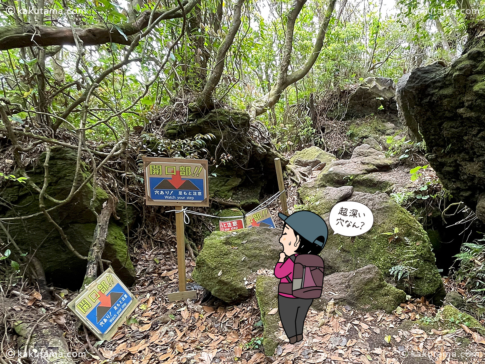 日本百名山開聞岳の開口部の写真と登山者のイラスト