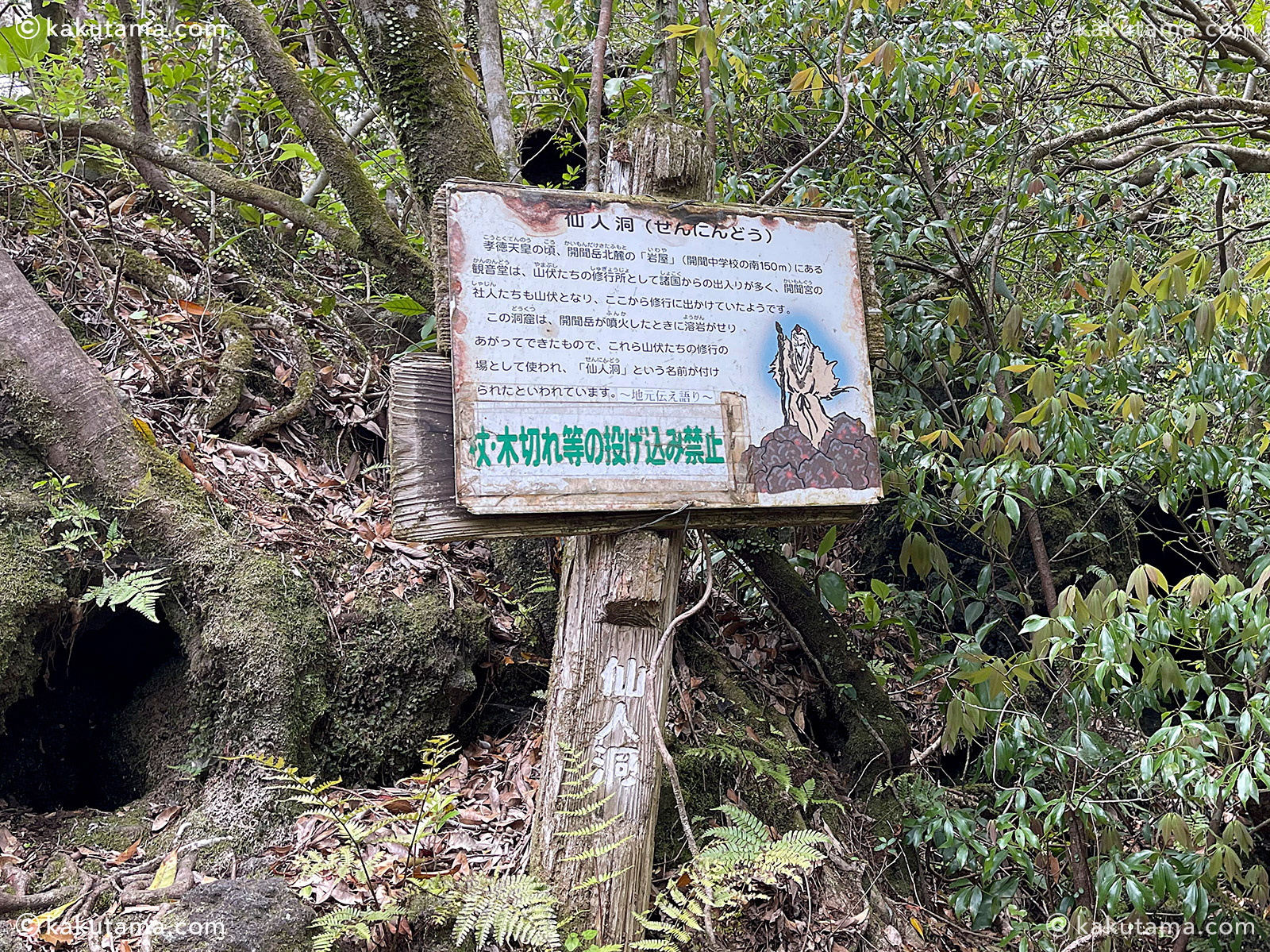 日本百名山開聞岳の仙人洞の写真と登山者のイラスト
