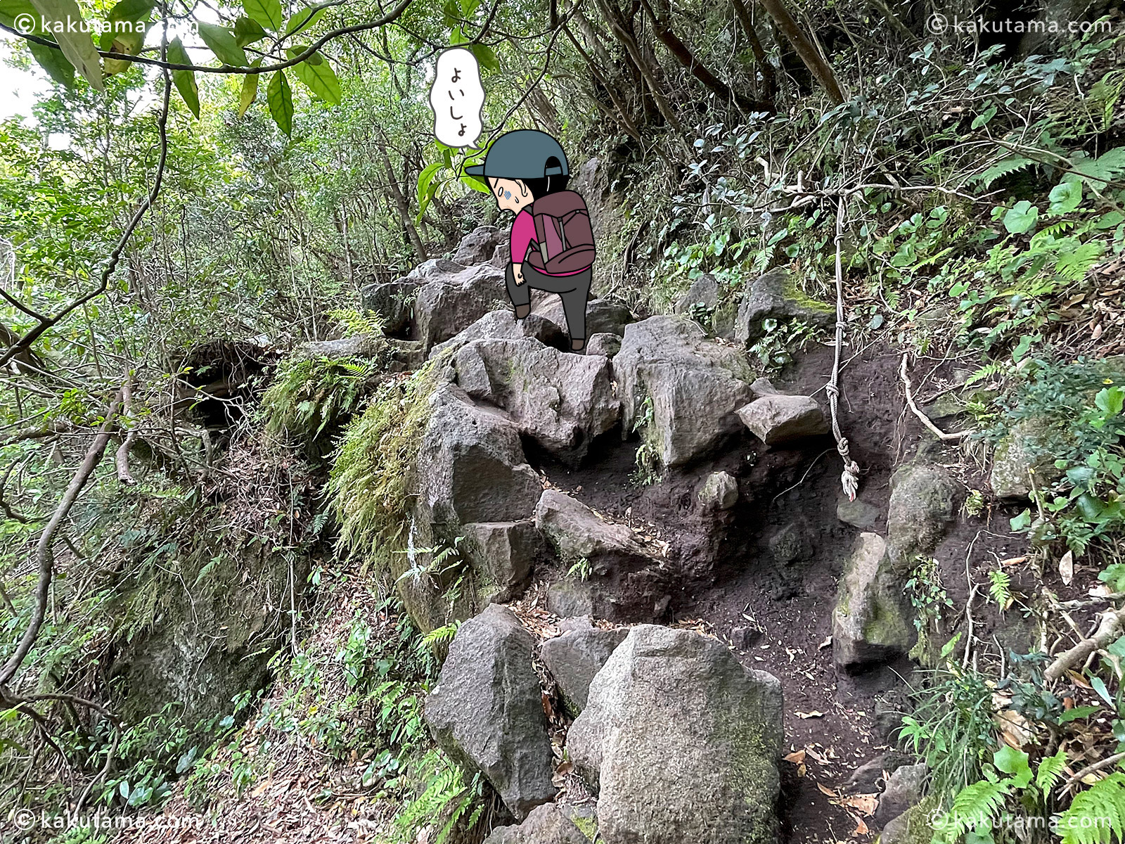 日本百名山開聞岳登山道の写真と登山者のイラスト