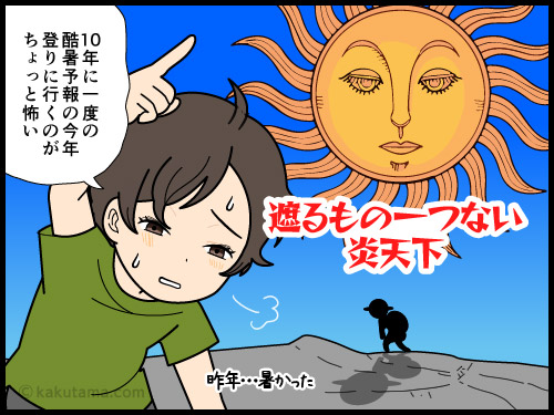暑いのが辛そうで登山へ行く気力がわかない登山者の4コマ漫画