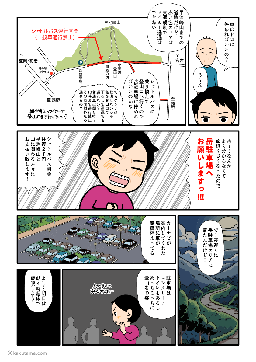 早池峰山の岳駐車場とシャトルバスについて説明する登山者の漫画とイラスト