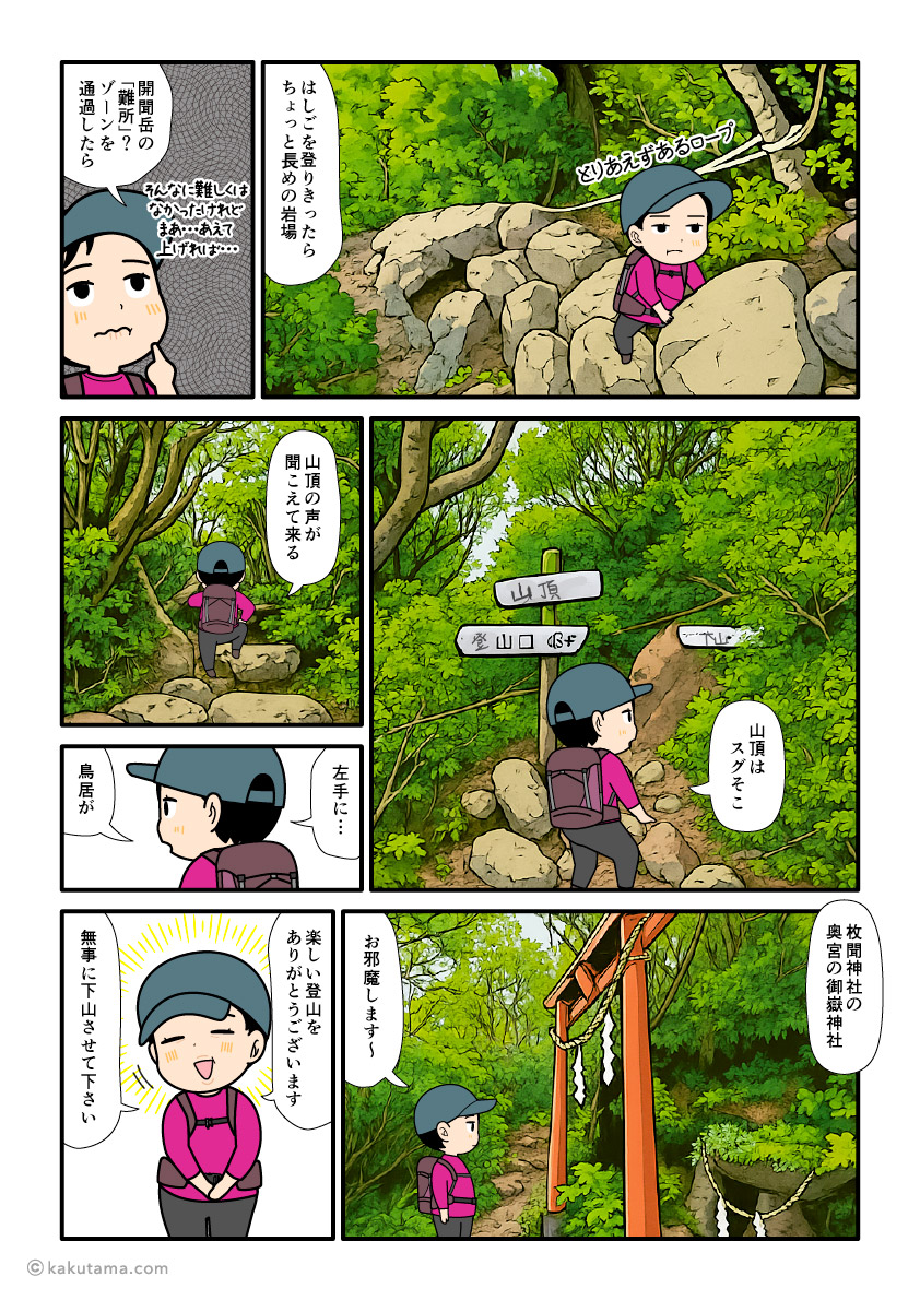 日本百名山開聞岳の奥宮「御嶽神社」を参拝する登山者の漫画