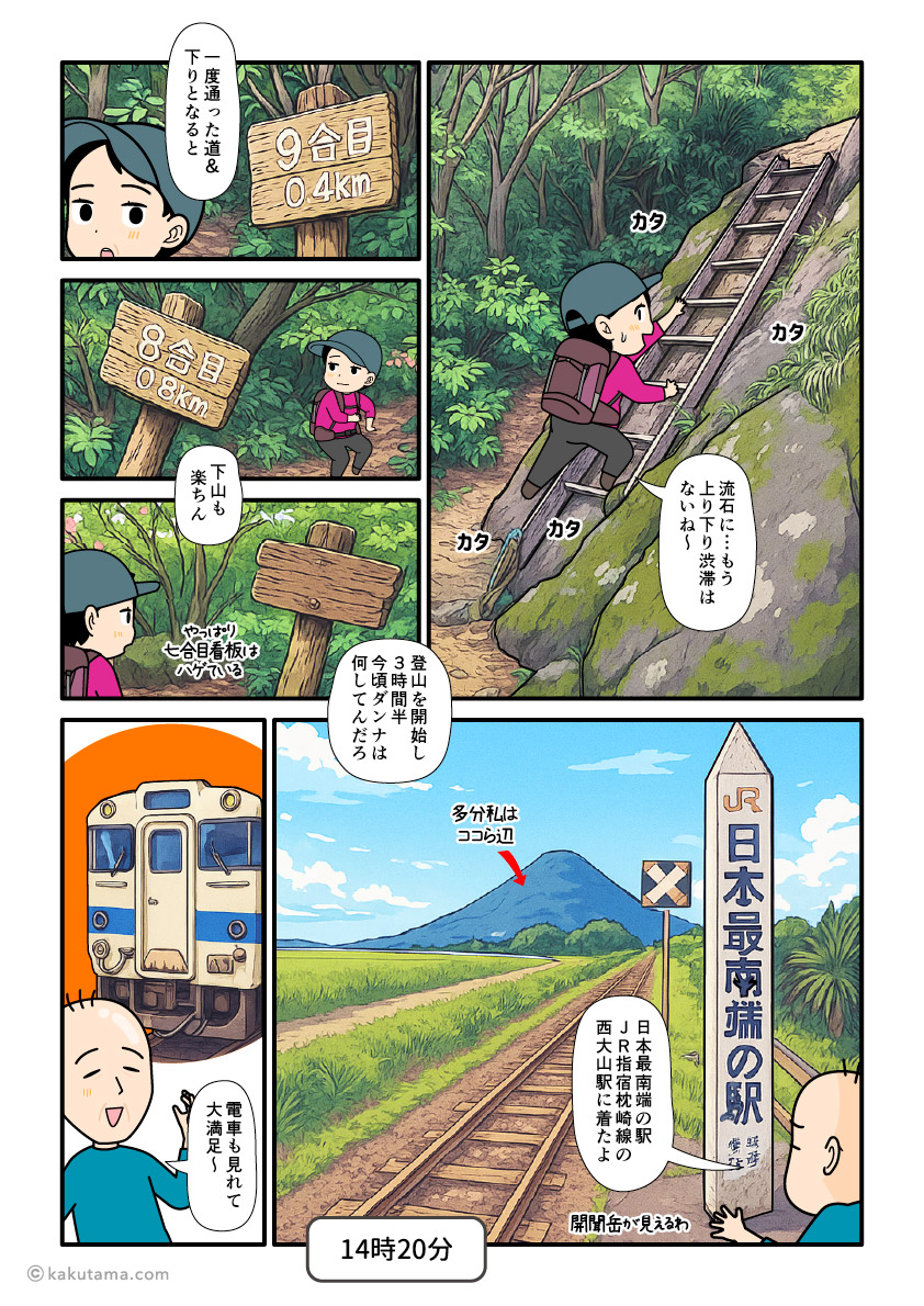 日本百名山、開聞岳から下山を開始する登山者と日本最南端の駅、西大山駅に来た観光客の漫画とイラスト