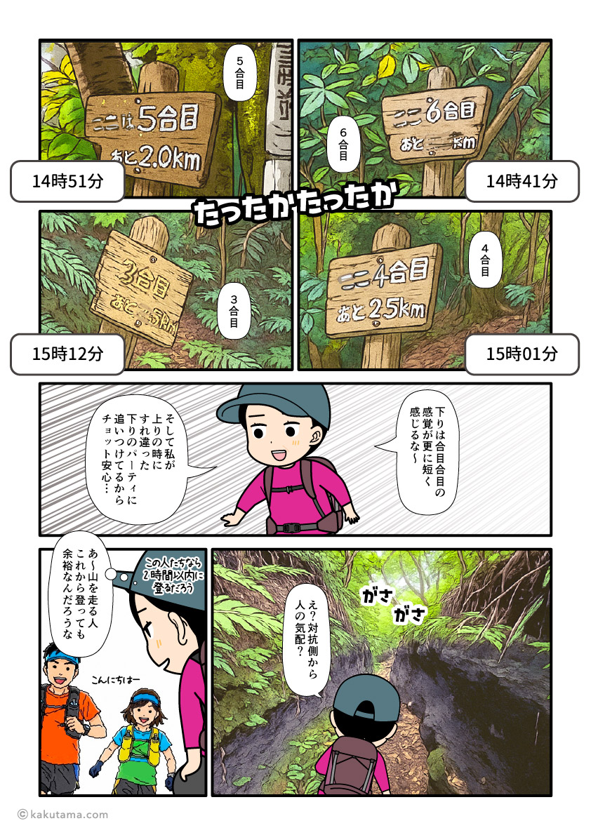 日本百名山開聞岳から下山している登山者の漫画