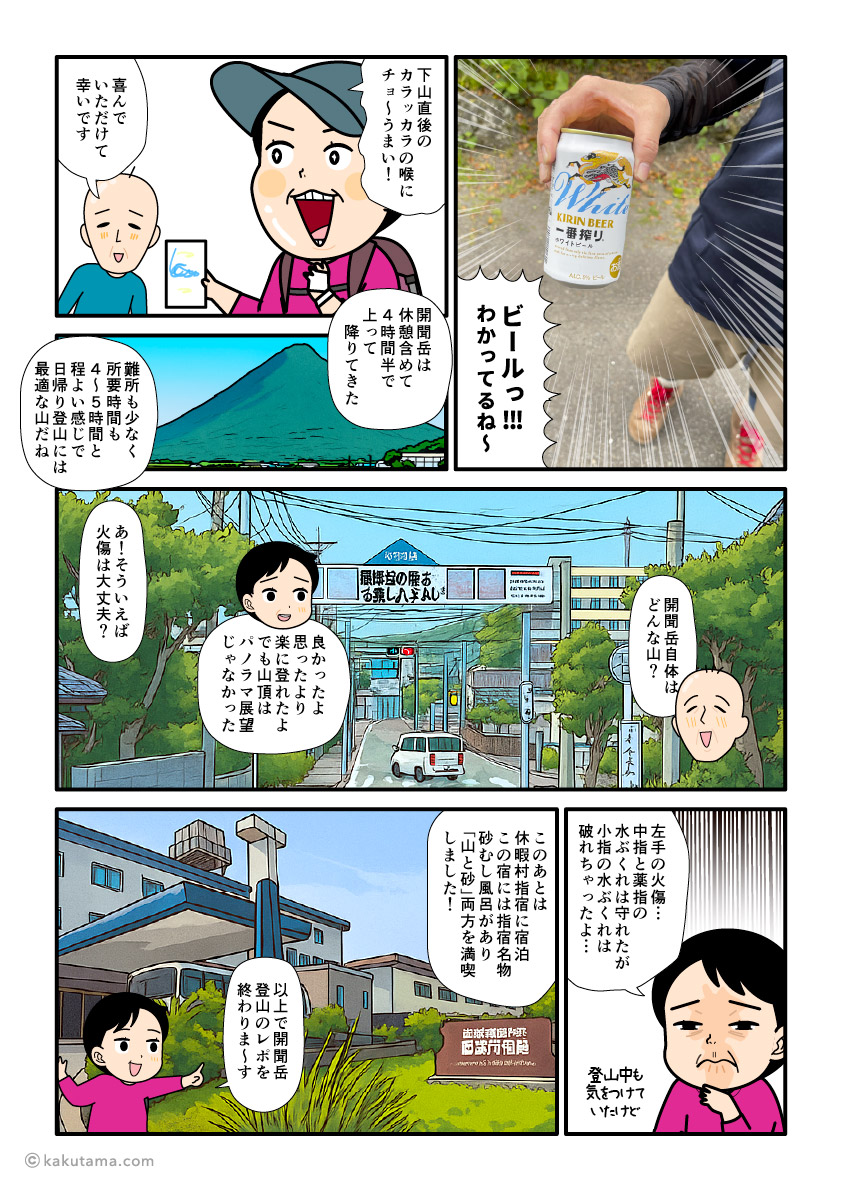 日本百名山開聞岳から下山して、指宿市を観光した登山者の漫画