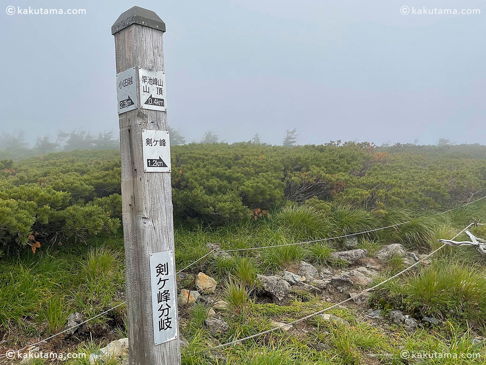 日本百名山、早池峰山の剣ヶ峰分岐の写真と登山者のイラスト