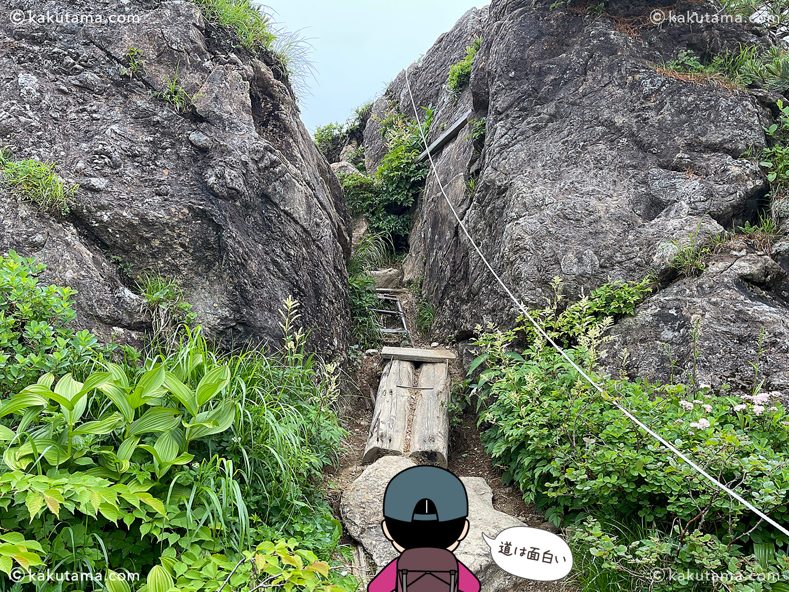日本百名山、早池峰山の御田植湯の写真と登山者のイラスト