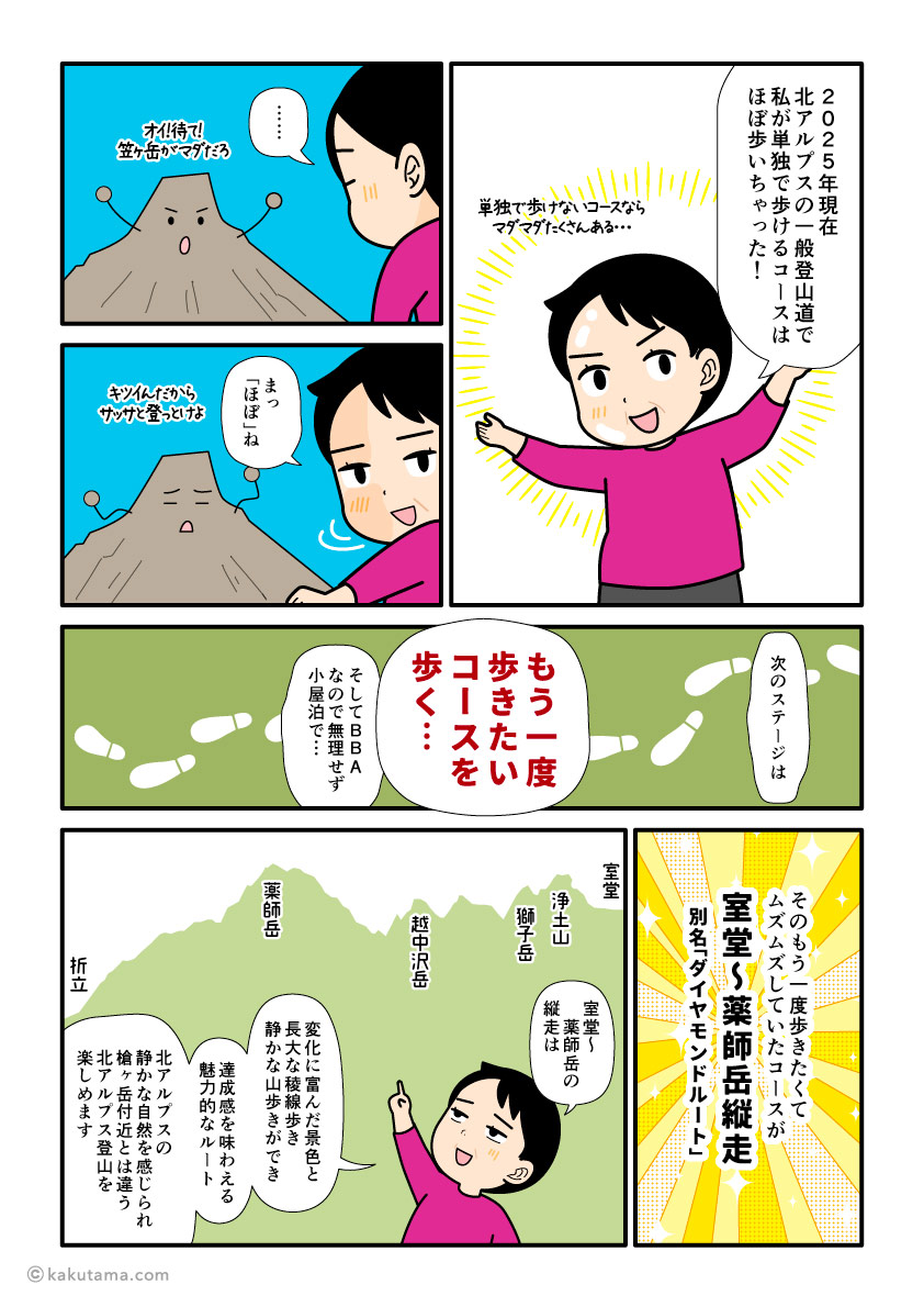 北アルプスの一般登山道で再訪したいルートについて語る登山者の漫画とイラスト