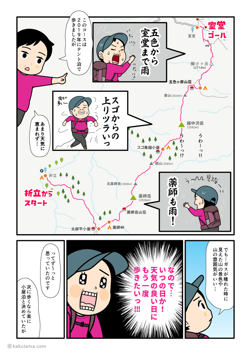 北アルプスの室堂〜薬師岳縦走（ダイヤモンドルート）について語る登山者の漫画とイラスト