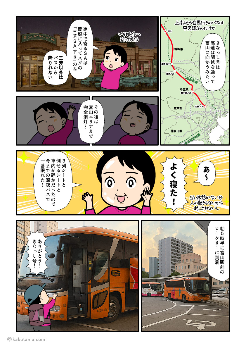 東京〜金沢を走る深夜バスきまっし号に乗る登山者の漫画とイラスト