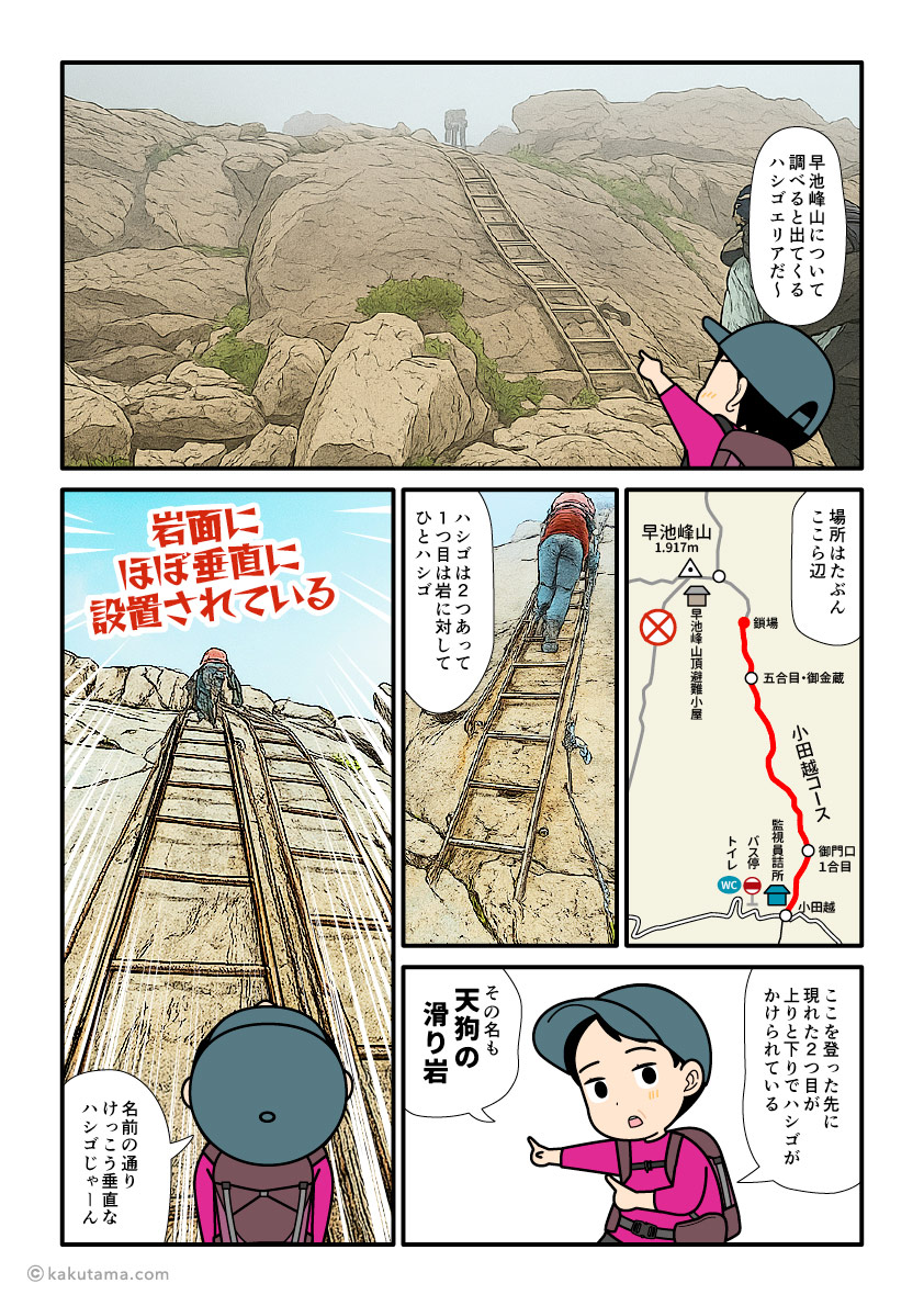 日本百名山、早池峰山の名物ハシゴ「天狗の滑り岩」を登る登山者の漫画とイラスト