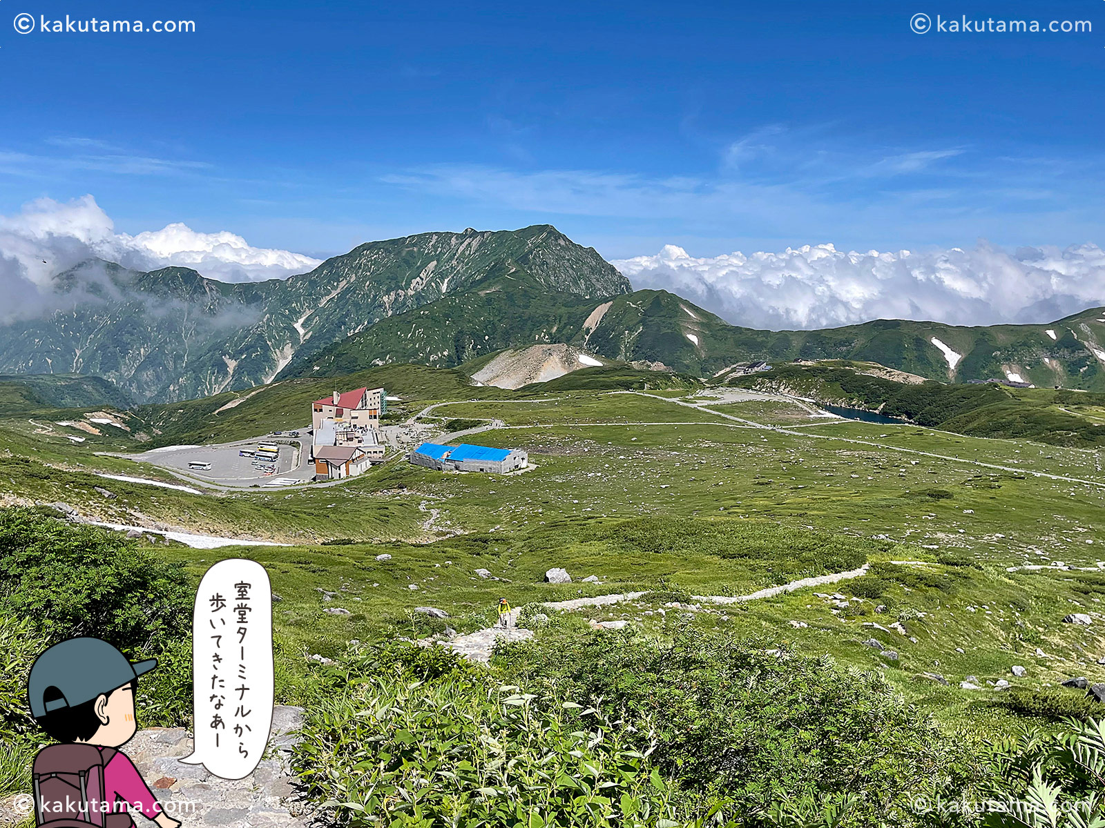室堂ターミナルを振り返ってみたの写真と登山者のイラスト
