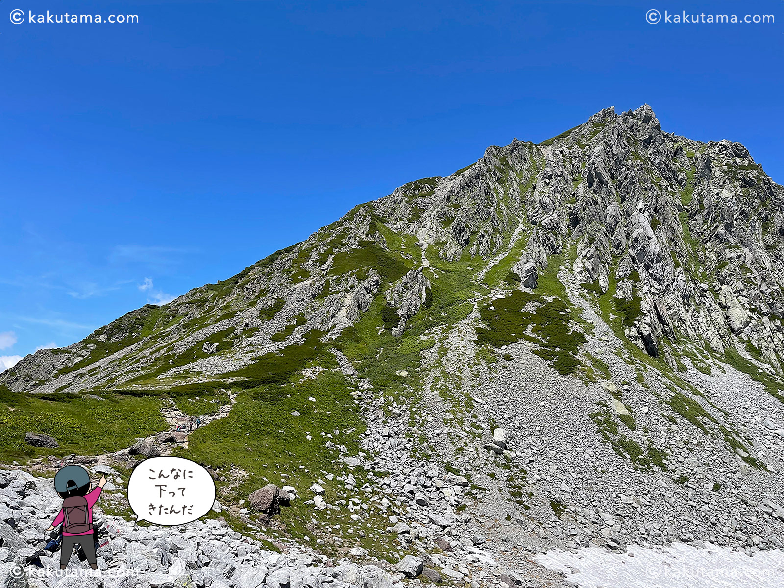 北アルプス、浄土山と龍王岳を見上げる写真と登山者のイラスト