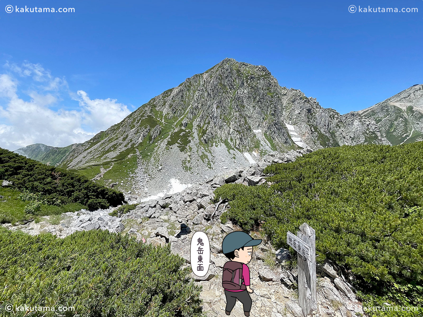 北アルプス、鬼岳東面の写真と登山者のイラスト