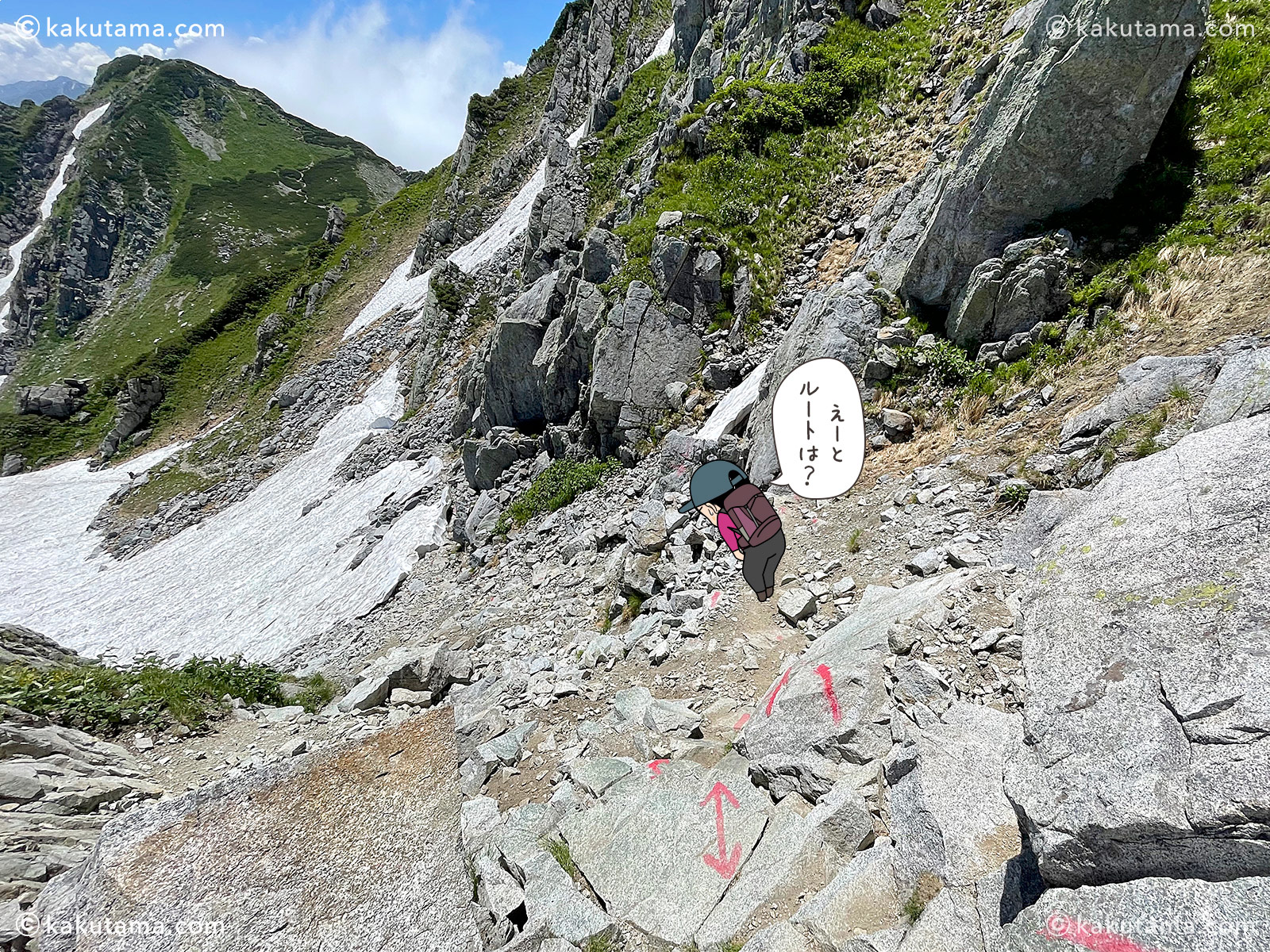 鬼岳雪渓を渡る写真と登山者のイラスト