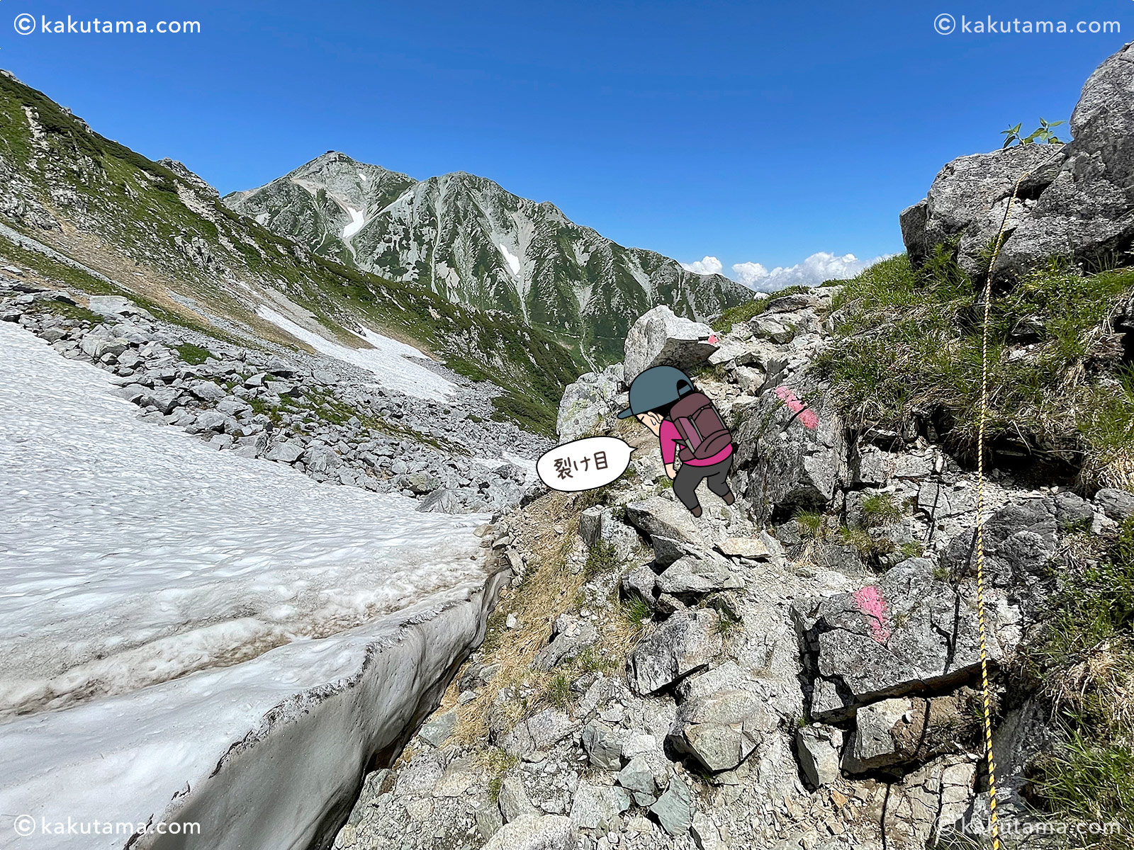 鬼岳雪渓を渡る写真と登山者のイラスト