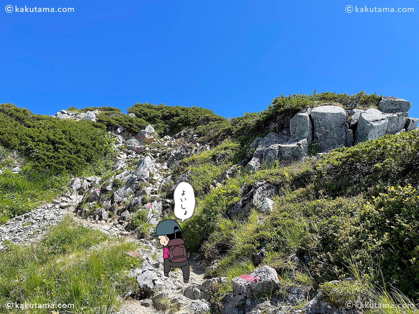 北アルプス、ダイヤモンドルートの獅子岳を登る写真と登山者のイラスト
