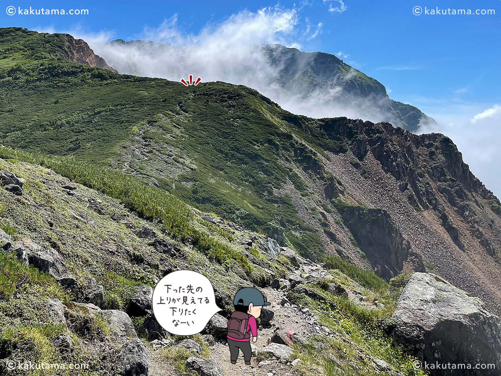獅子岳から見た五色ヶ原山荘方面の写真と登山者のイラスト