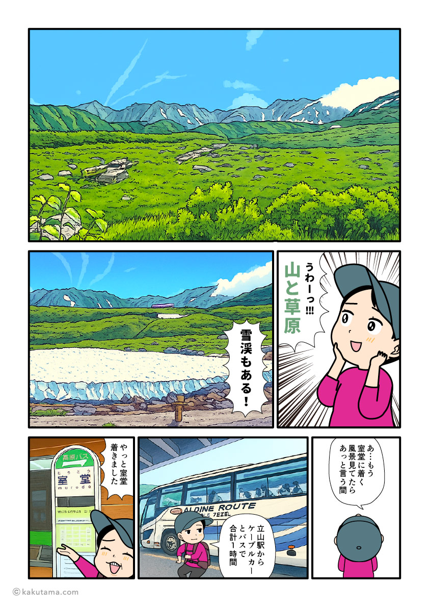 立山からケーブルカーとバスに乗って室堂に向かう登山者の漫画