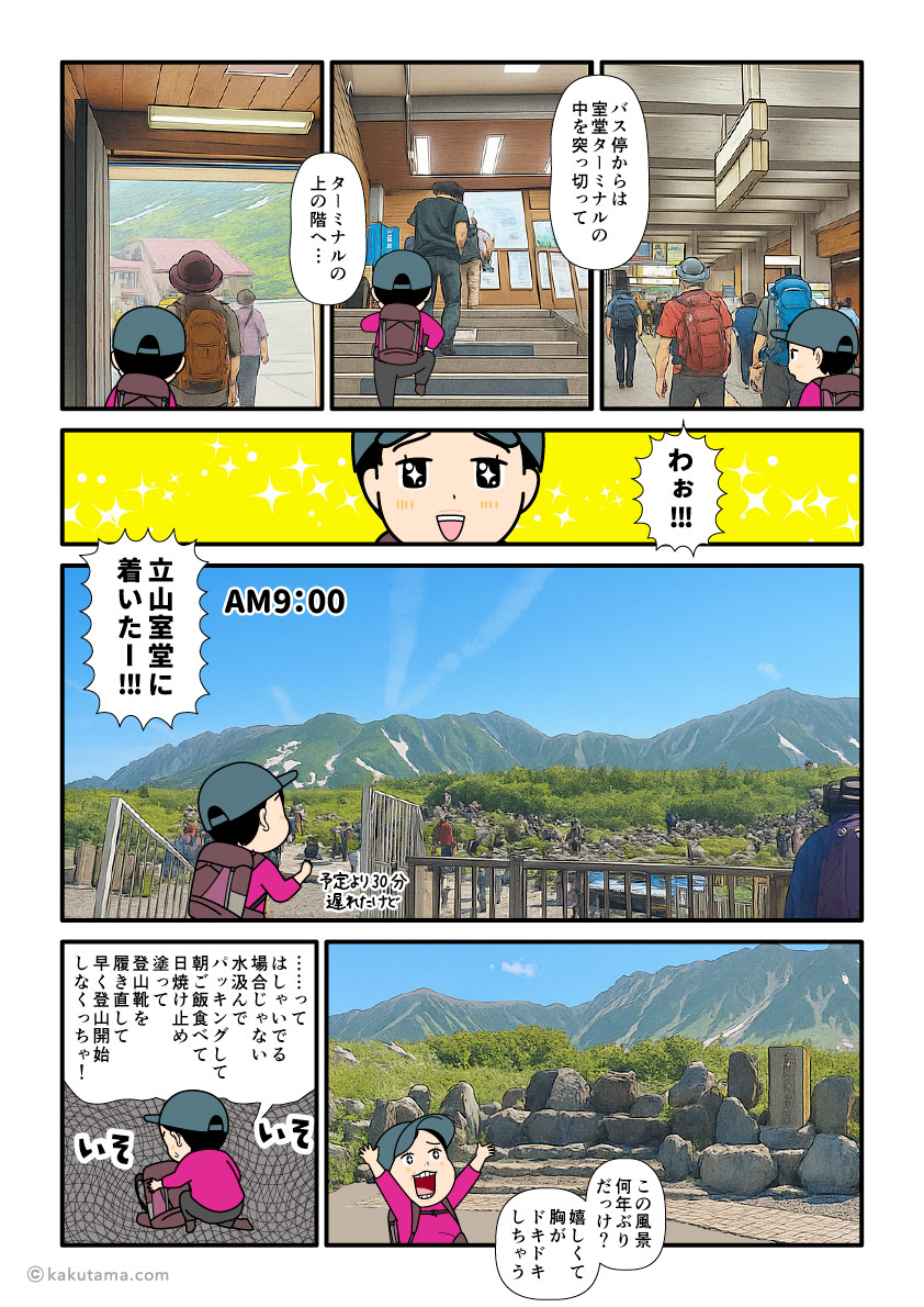 立山からケーブルカーとバスに乗って室堂に到着した登山者の漫画