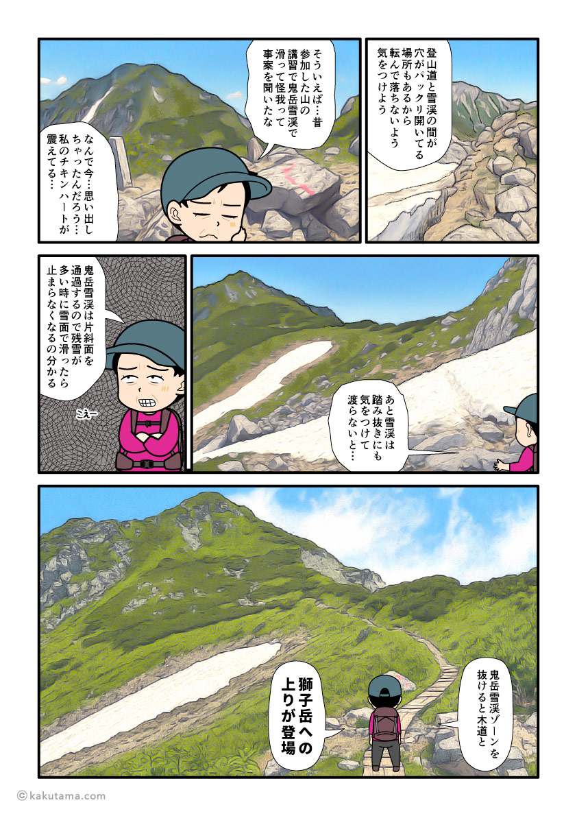 北アルプス、鬼岳雪渓を歩く登山者の漫画とイラスト