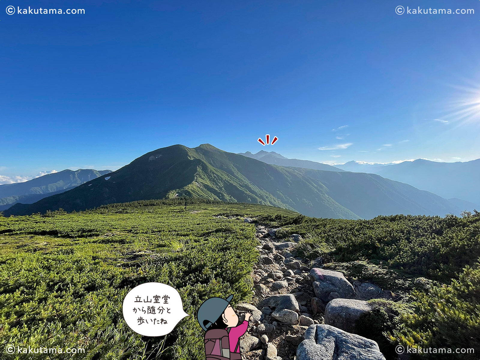北アルプスの縦走路から立山室堂を振り返る写真と登山者のイラスト