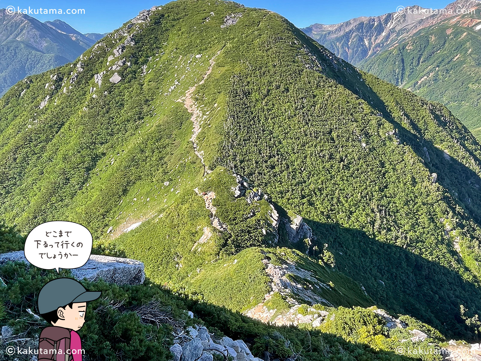 越中沢岳からしばらく歩いた先にあるスゴの頭の写真と登山者のイラスト