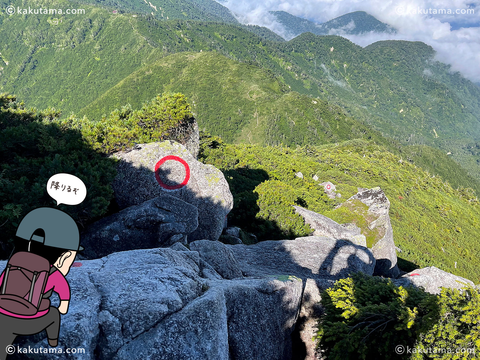 スゴの頭の岩場を下り始める写真と登山者のイラスト