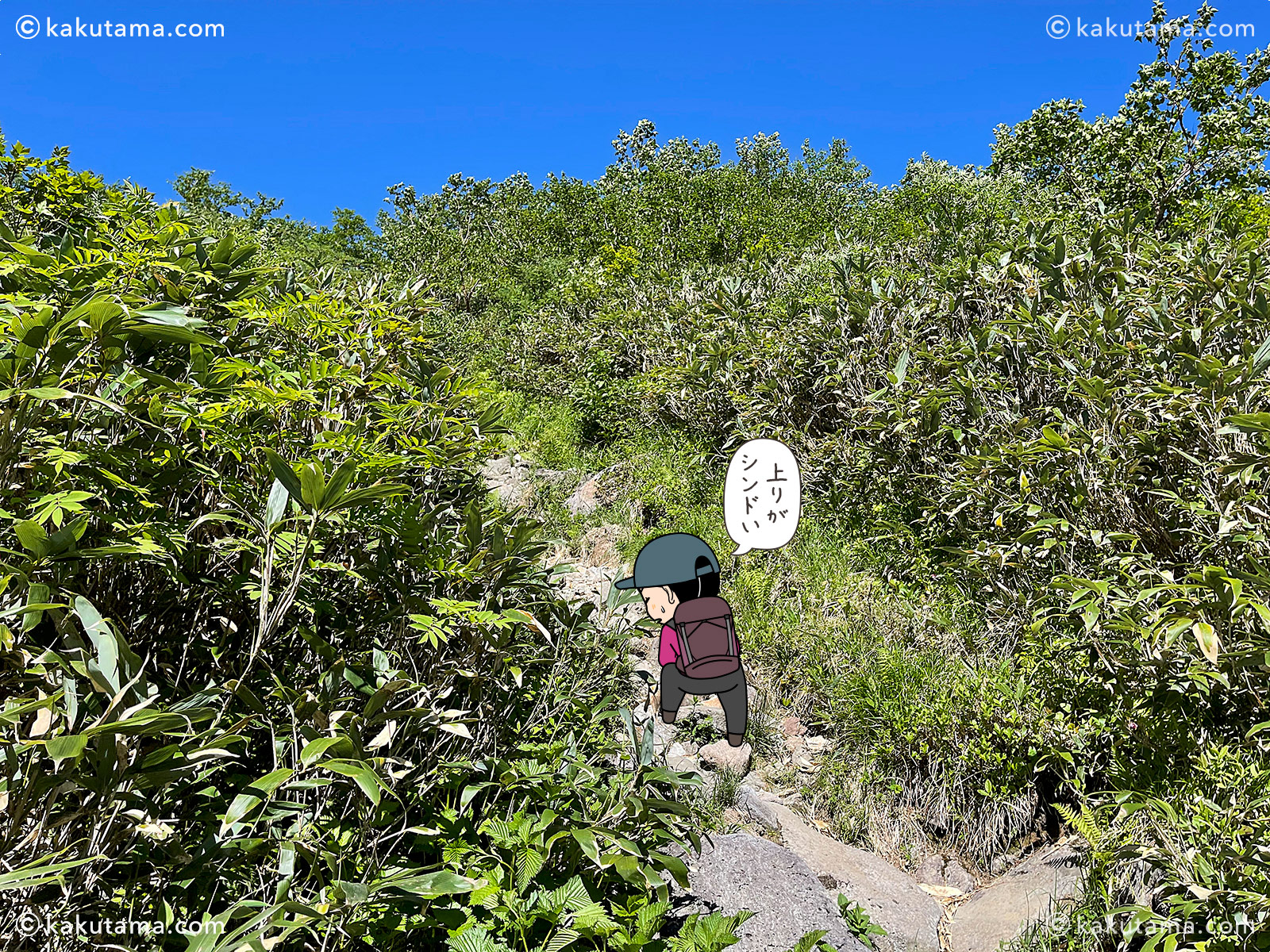 スゴ乗越からスゴ乗越小屋方面へ向かう登山道の写真と登山者のイラスト