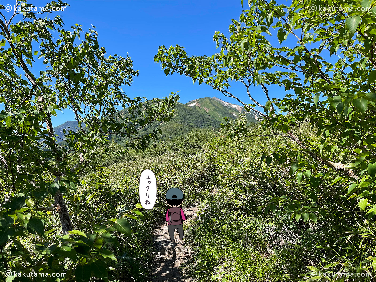 スゴ乗越からスゴ乗越小屋へ向かっての登山道の写真と登山者のイラスト