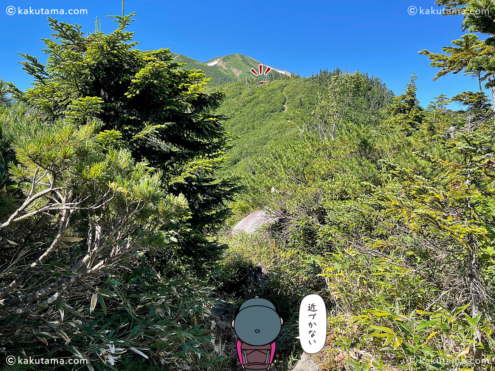 スゴ乗越からスゴ乗越小屋へ向かっての登山道の写真と登山者のイラスト