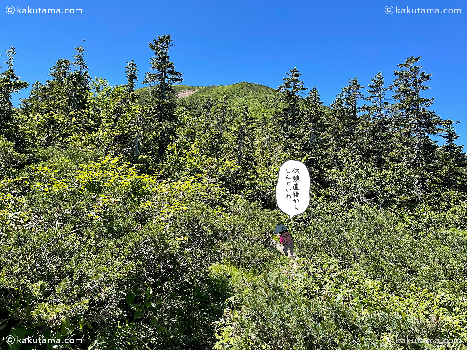 北アルプススゴ乗越小屋から間山への登山道の写真と登山者のイラスト
