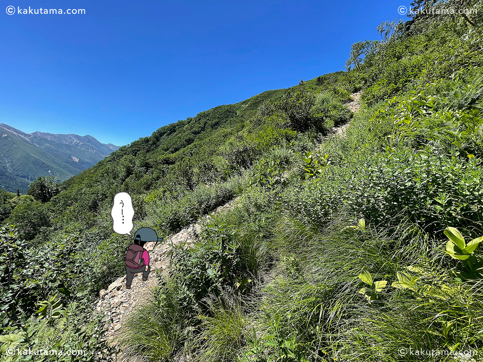 北アルプススゴ乗越小屋から間山への登山道の写真と登山者のイラスト