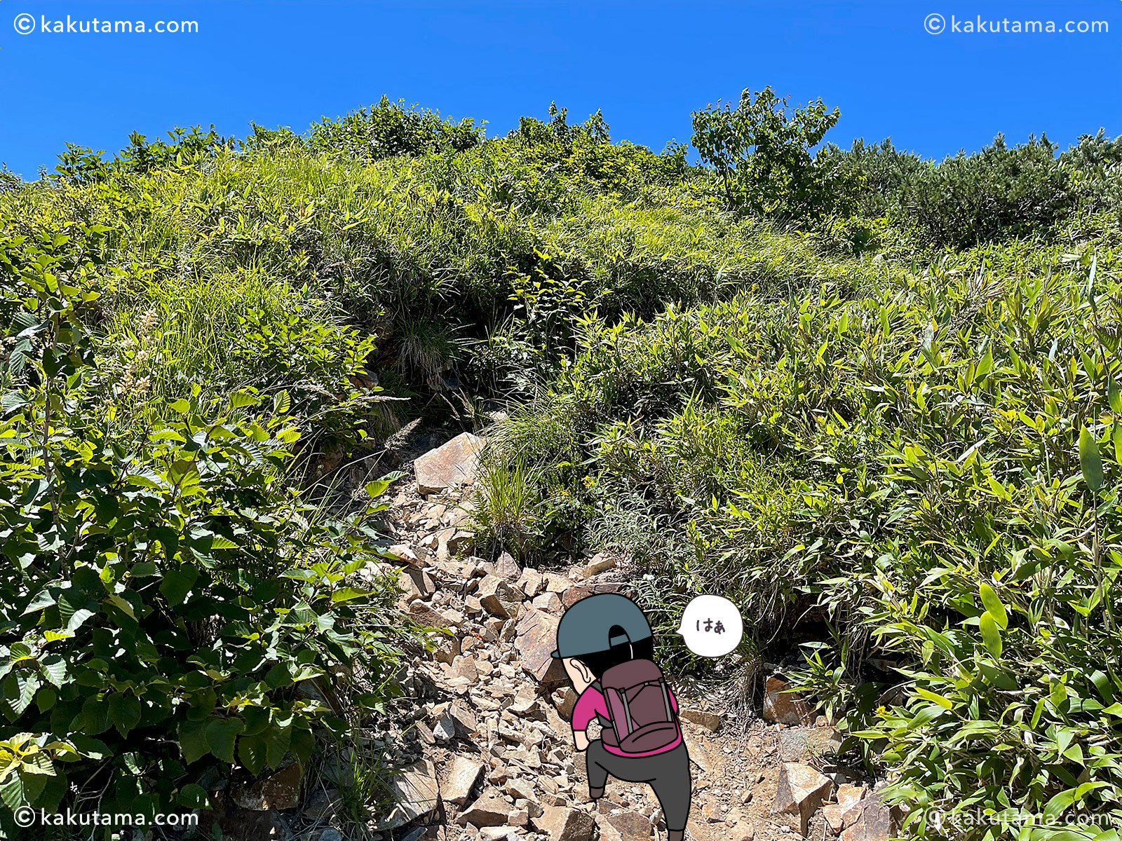 北アルプススゴ乗越小屋から間山への登山道の写真と登山者のイラスト