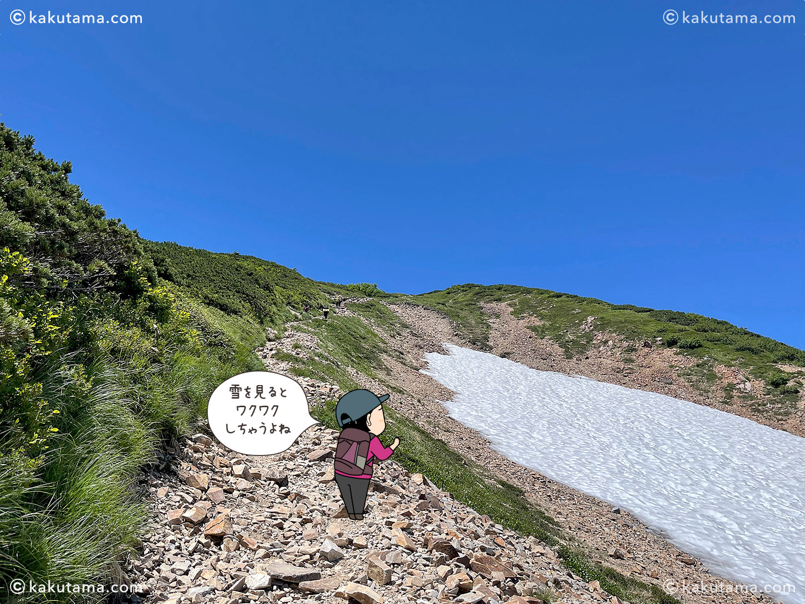 北アルプス、間山へ向かっての登山道の写真と登山者のイラスト