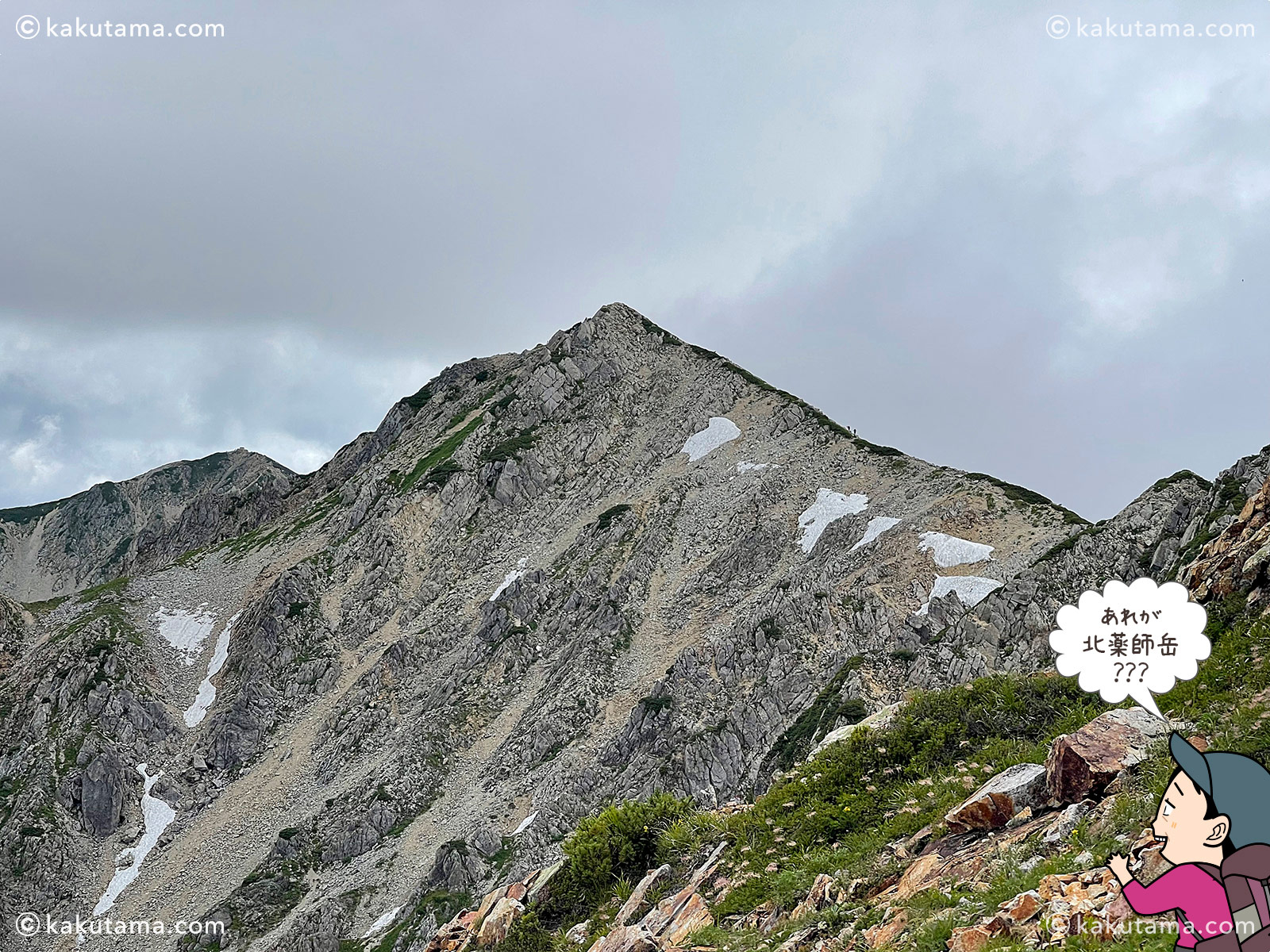 北アルプス、北薬師岳への登山道の写真と登山者のイラスト