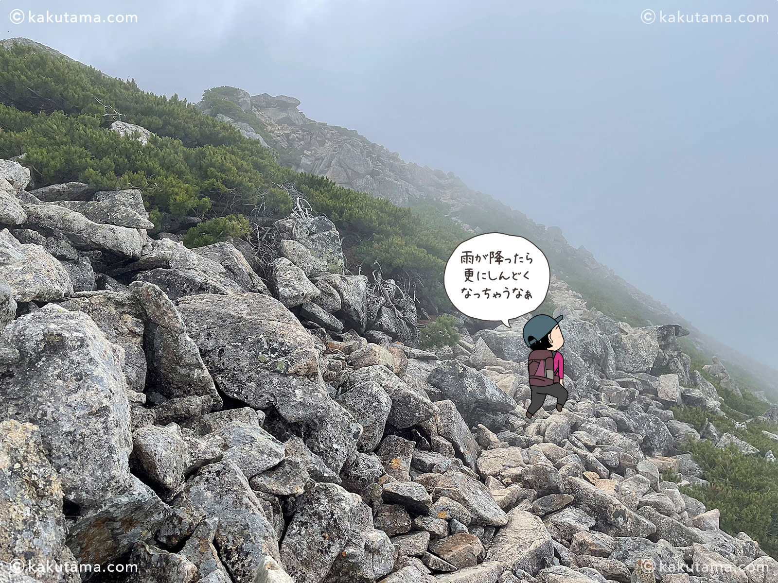 北アルプス、北薬師岳への登山道の写真と登山者のイラスト
