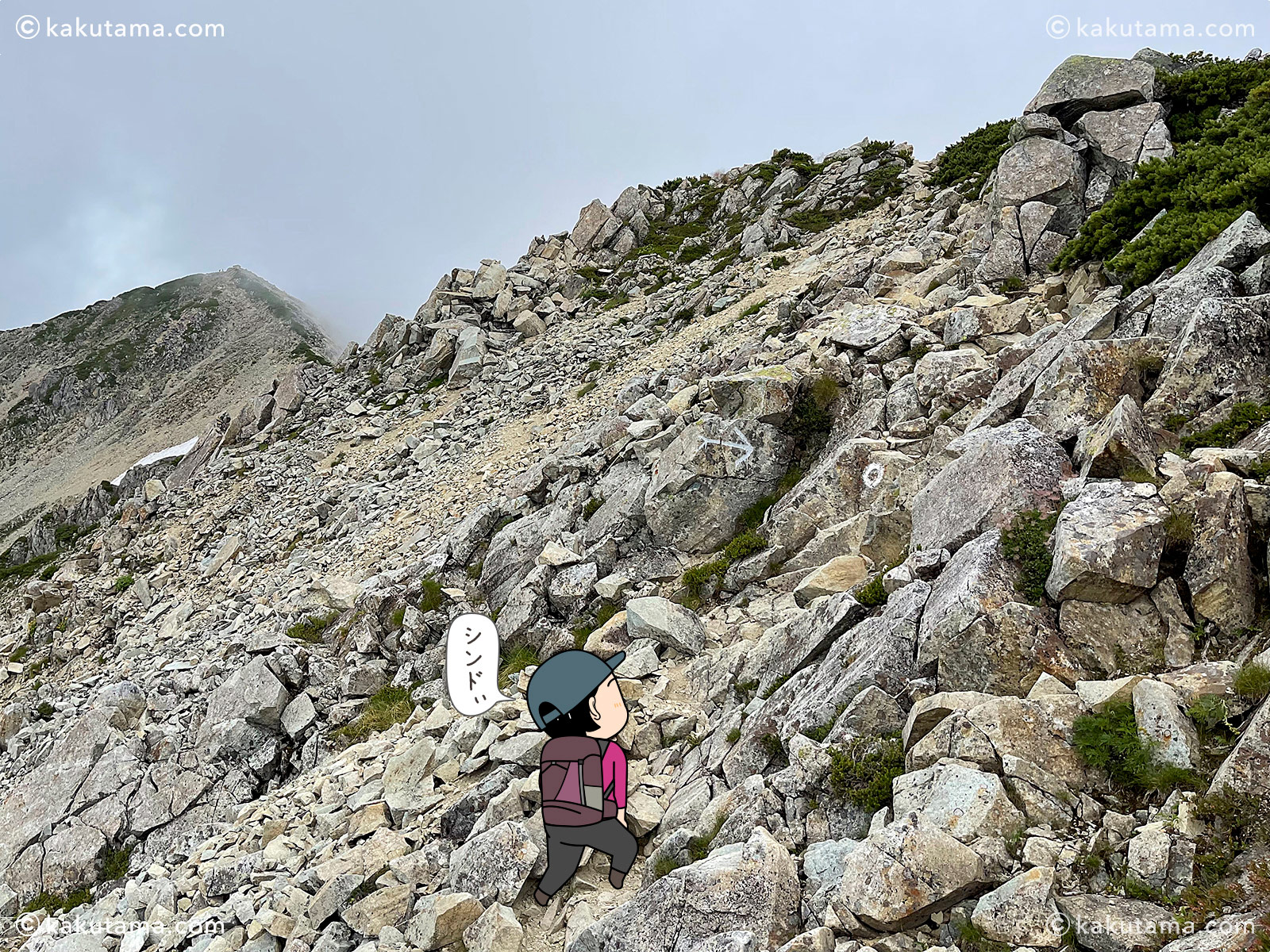 ガスってきた薬師岳への登山道の写真と登山者のイラスト