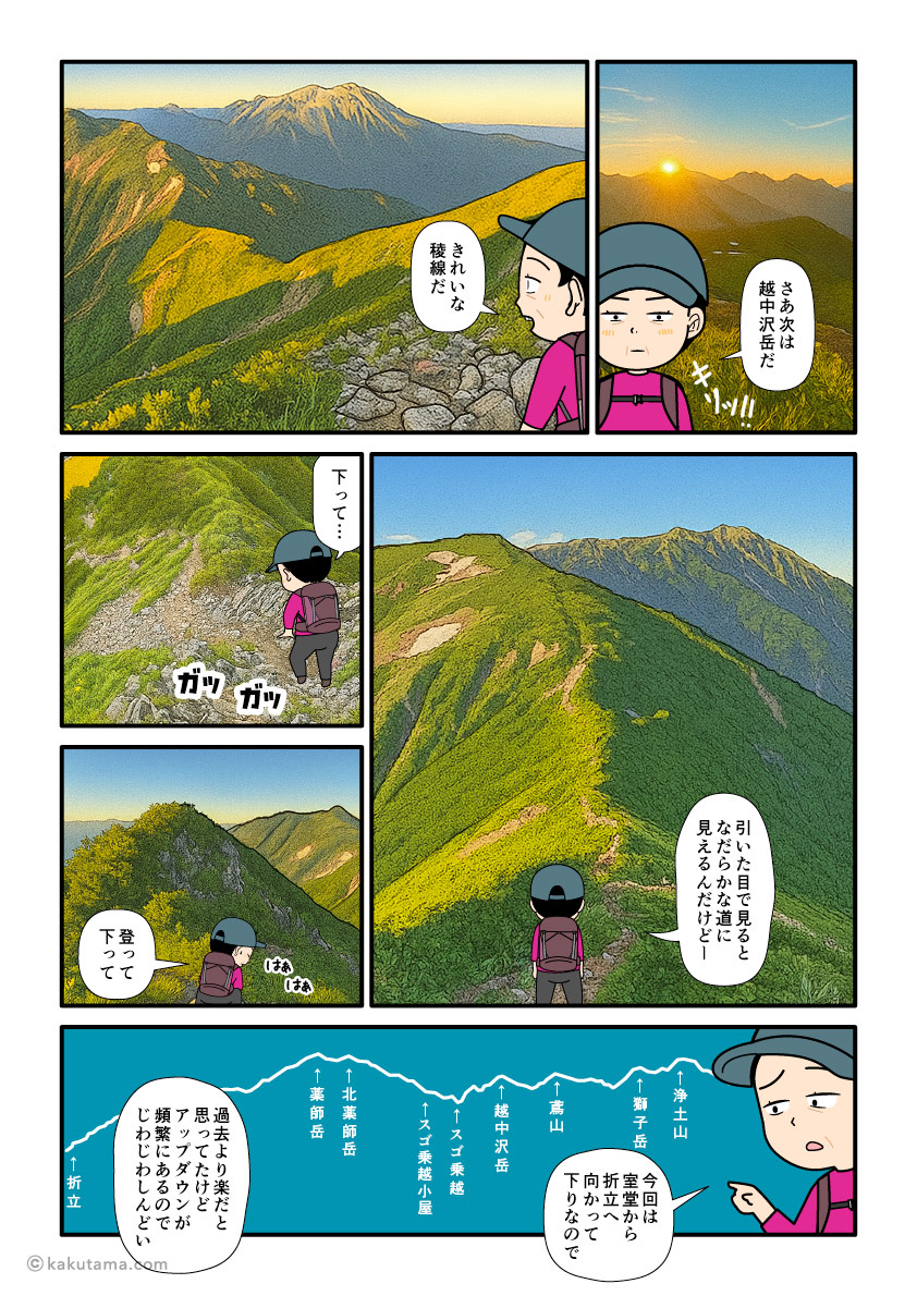 北アルプス、鳶山から越中沢岳へ向かって歩く登山者の漫画とイラスト