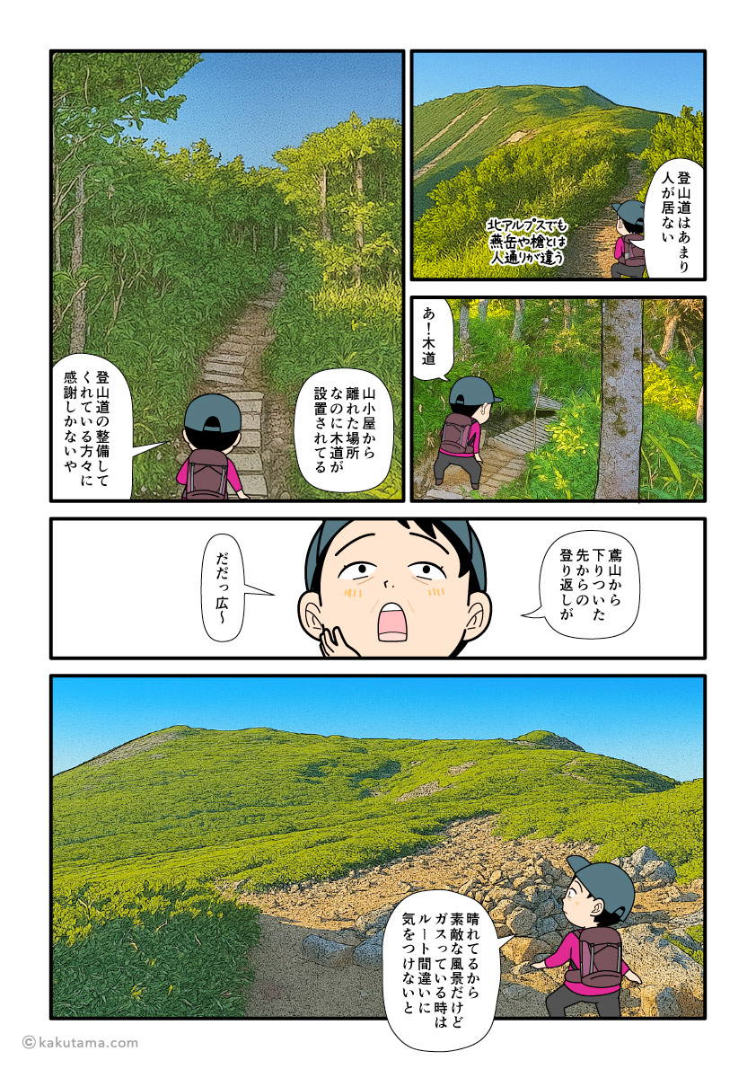 北アルプス、鳶山から越中沢岳へ向かって歩く登山者の漫画とイラスト