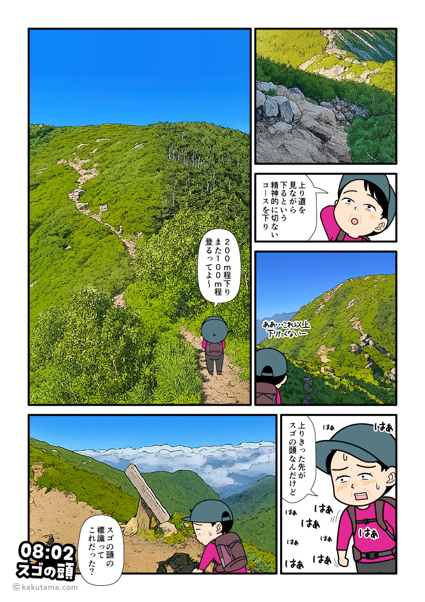 越中沢岳からスゴの頭へ向かって登っていく登山者の漫画とイラスト