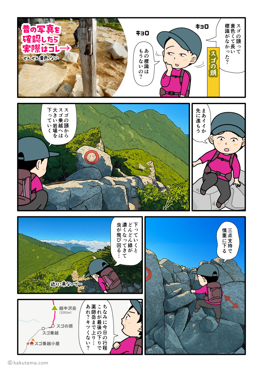 スゴの頭からスゴ乗越へ向かって下っていく登山者の漫画とイラスト