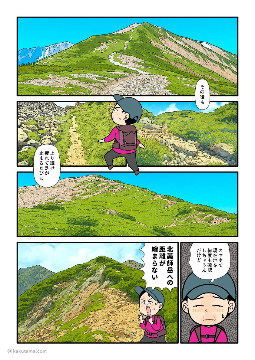 北アルプス、間山から北薬師岳へ向かって上り続ける登山者の漫画とイラスト