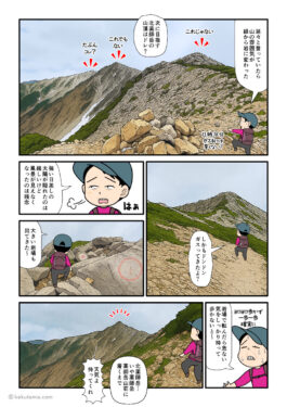 北アルプス、間山から北薬師岳へ向かって登る登山者の漫画とイラスト