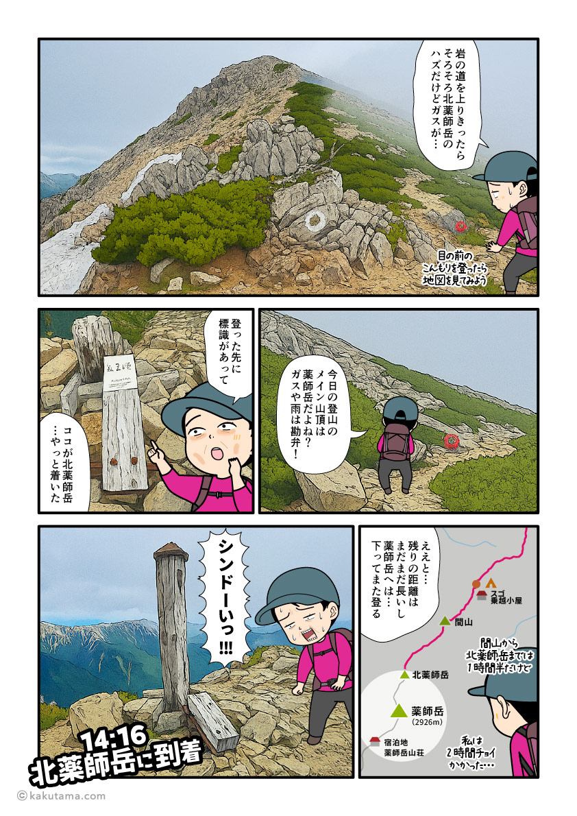 北アルプス、間山から北薬師岳へ向かって登り、北薬師岳山頂に到着した登山者の漫画とイラスト