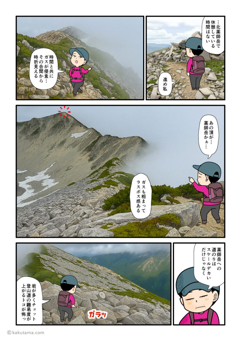 北アルプス、北薬師岳から薬師岳へ向かって縦走を続ける登山者の漫画とイラスト