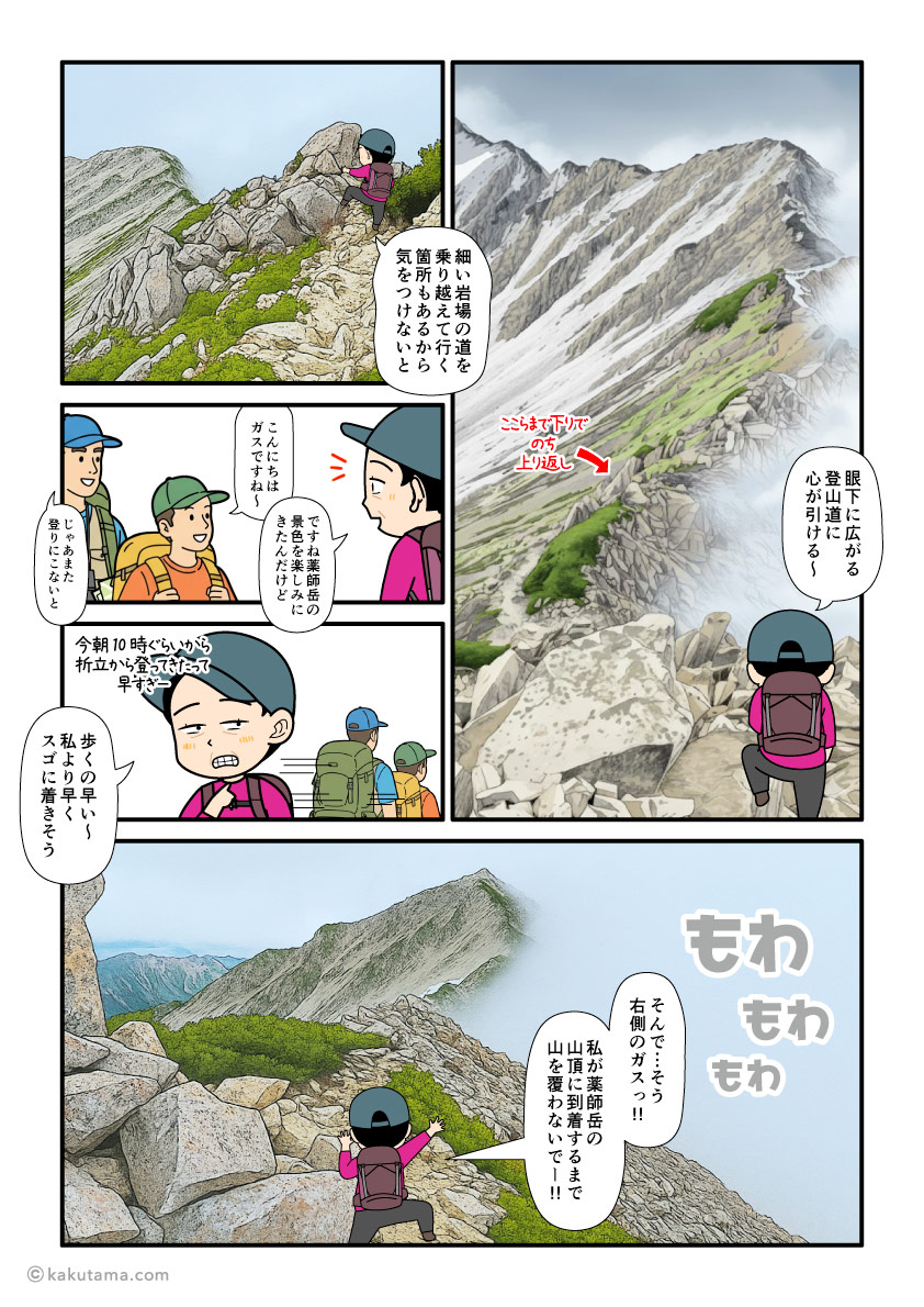 北アルプス、北薬師岳から薬師岳へ向かって縦走を続ける登山者の漫画とイラスト